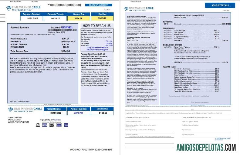 Para baxiar Conta de serviços públicos Time Warner Cabel dos EUA, modelo Word e PDF, 3 páginas 1 2